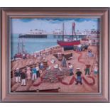 Alfred Daniels RBA RWS (1924-2015) Britishdepicting fishermen and tourists on Brighton beach, with