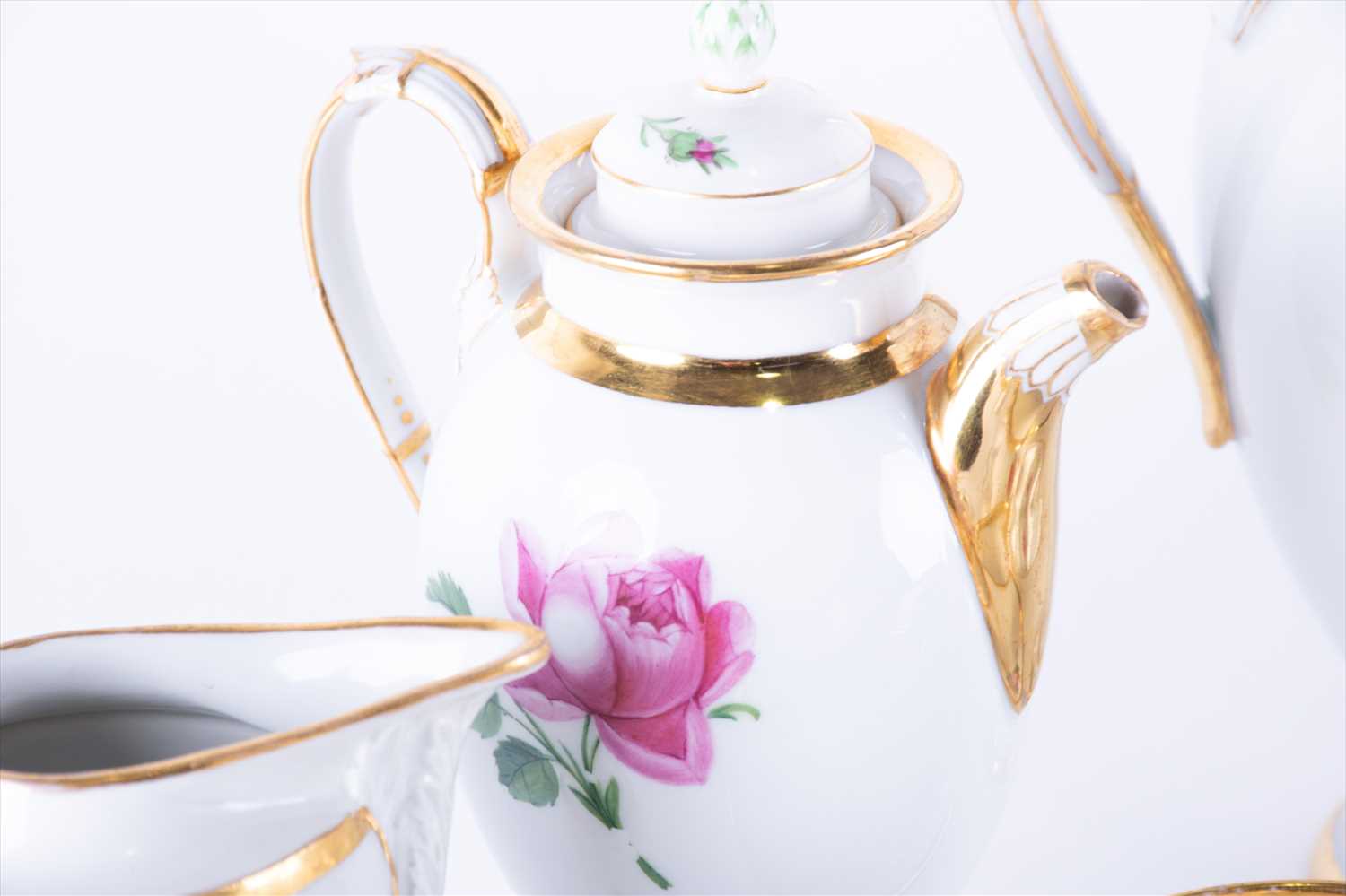 A collection of Meissen pink rose pattern teawares comprising teapot, coffee pot, four cups and - Image 2 of 10