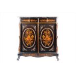 A Dutch-style floral marquetry inlaid cabinet with marble top having two drawers over two cupboard