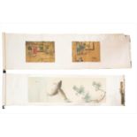 Two Chinese and Japanese silk painted scrollsto include a Qing Dynasty painted silk scroll by Wang