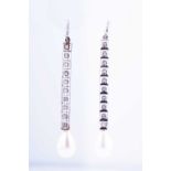 A pair of diamond and pearl pendant earringsthe cultured pearls measuring approx 12 mm x 9 mm,