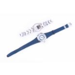 An Omega Dynamic ladies wristwatchwith blue and steel baton dial, on a blue leather strap, with