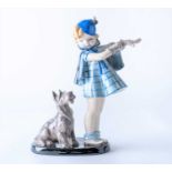 An Art Deco Goldscheider ceramic figure: 'Girl and Dog' depicting a young girl in a blue hat and