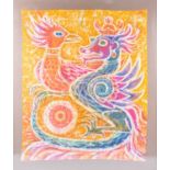Thetis Blacker (1927-2006) British 'Phoenix and Dragon', dyed textile panel, framed and glazed.113