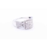 A diamond cocktail ringset with a square cluster of round brilliant-cut diamonds, with crossover-