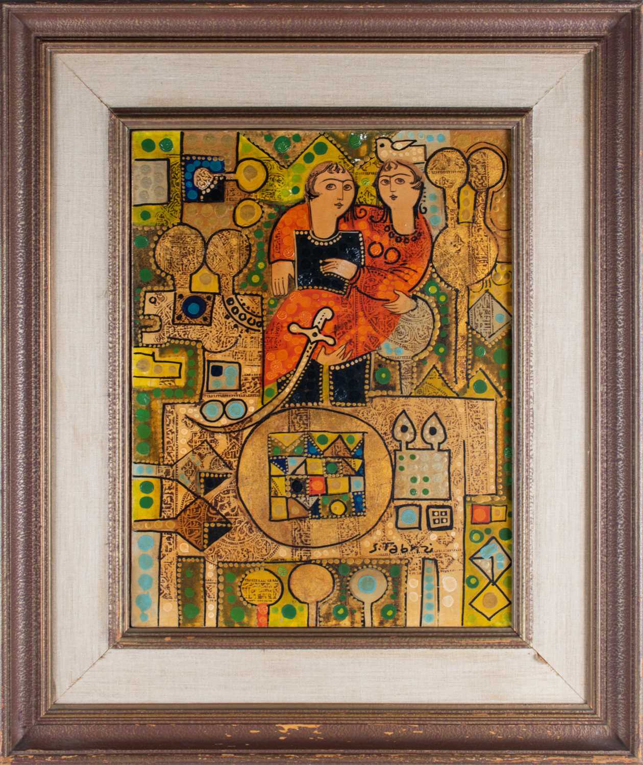 Sadegh Tabrizi (b. 1938) Iraniandepicting a couple with geometric shapes in the background, signed