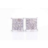 A pair of white metal and diamond earringsof squared form, calibre-set with square-cut diamonds, 7 x