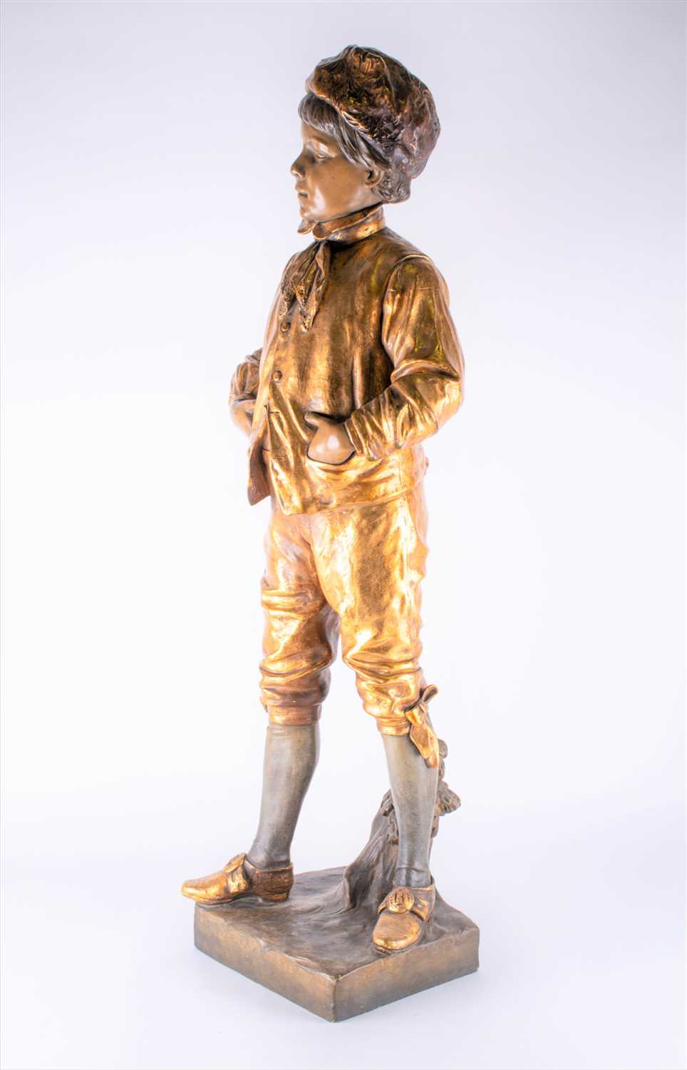 A large Goldscheider bronzed earthenware figure of a finely dressed boy his hands in his pockets - Image 7 of 9