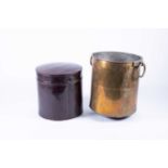 A Chinese leather cylindrical lidded boxwith metal clasp, 39 x 40 cm, together with a 19th century