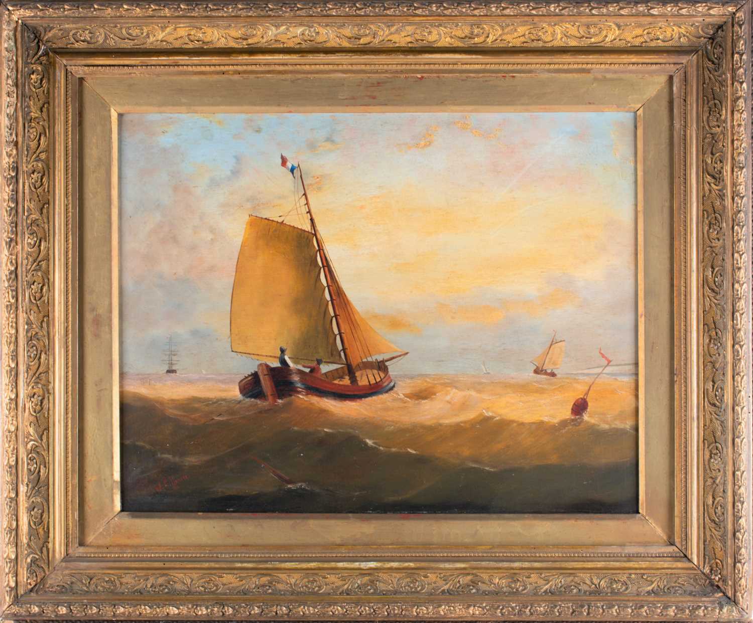 W H Danste (XIX-XX) British‘Boats in choppy waters', oil on panel, signed lower left, within a