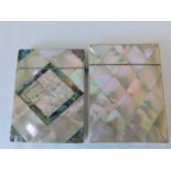 Two Victorian mother of pearl card cases, each with lozenge shaped panels, one further inlaid with