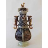 A Chinese soapstone reticulated vase and cover, Republic period circa 1920, of hexagonal form,
