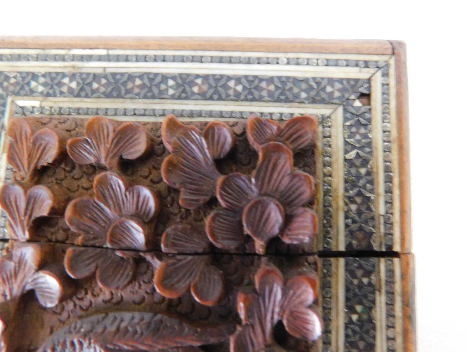 Two 19th century Indian carved sandal wood and sadeli card cases, each central panel carved in - Image 4 of 5