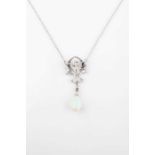 A diamond and opal drop pendant necklace, the openwork mount set with round brilliant-cut