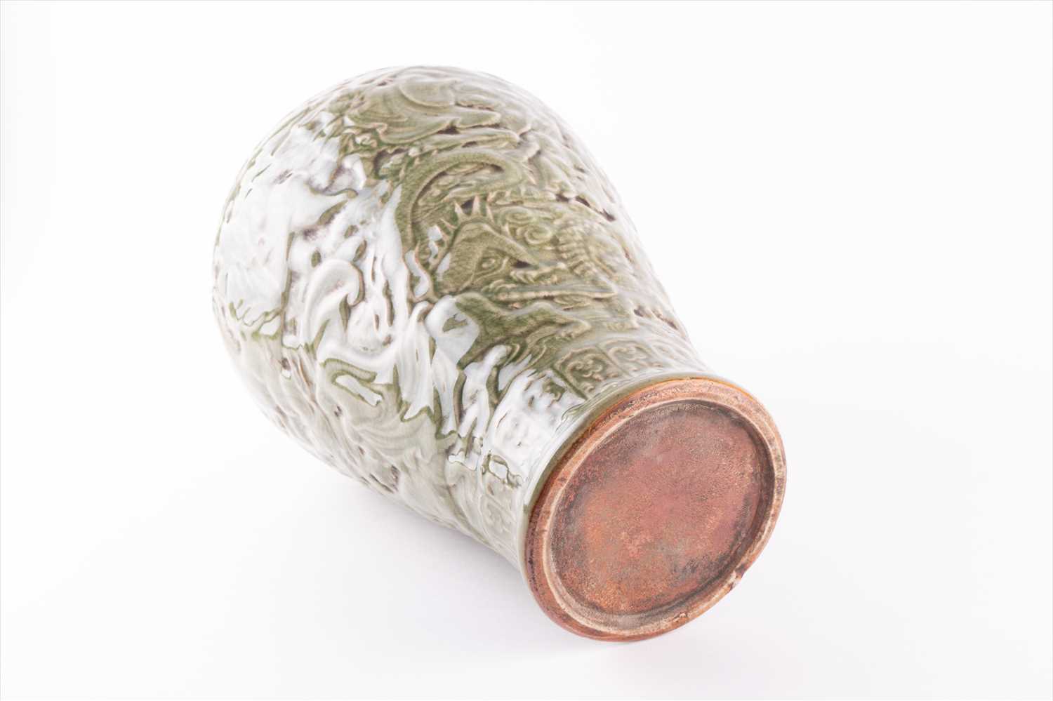 A late Qing dynasty Chinese Meiping vase, designed with raised Longquan style celadon with a - Image 3 of 5