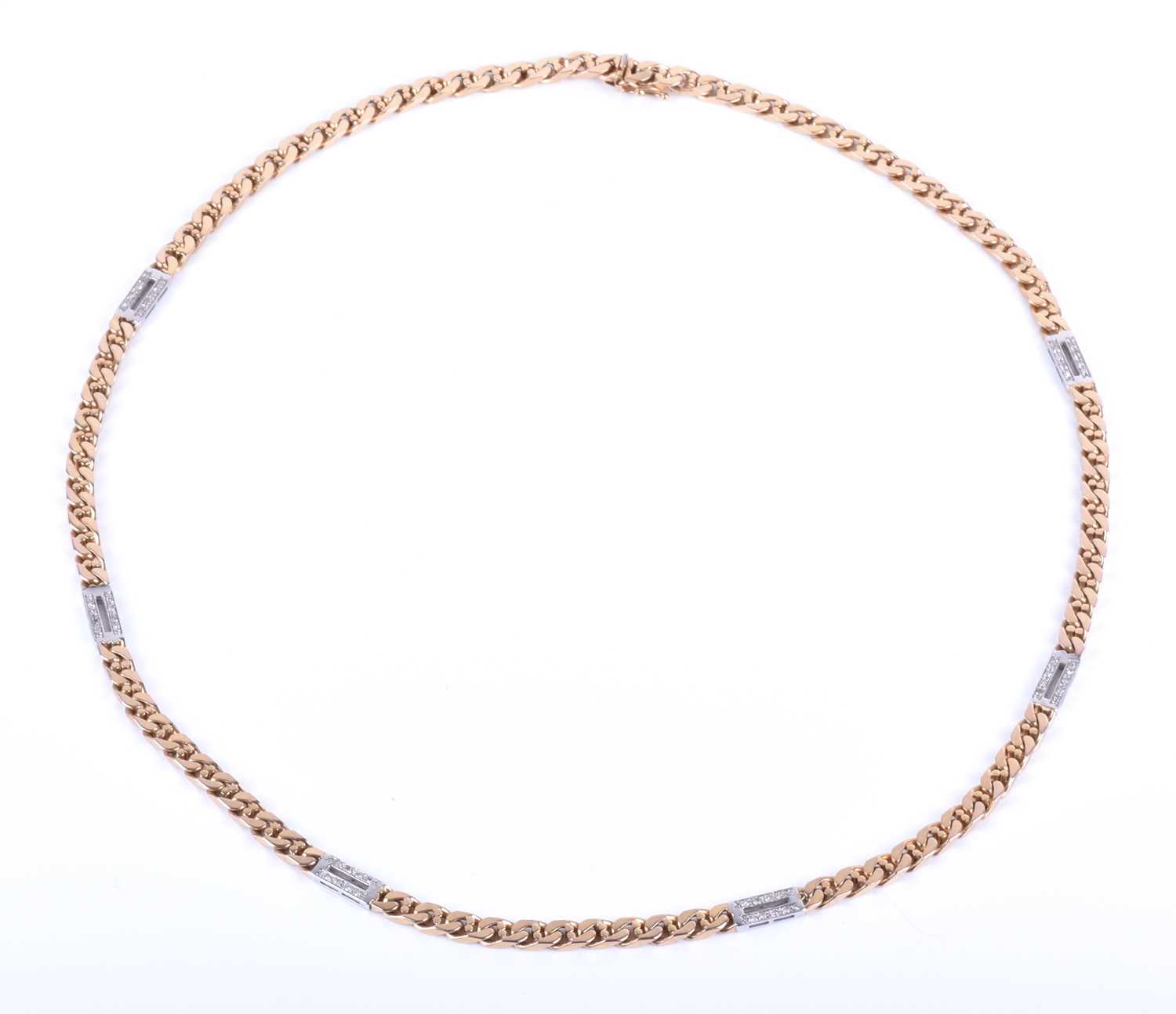 A 9ct yellow gold and diamond necklace, of flattened curb-links, interspersed with rectangular - Image 5 of 7