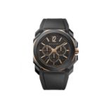 Bvlgari black steel and rose gold Octo Chronograph automatic wristwatch, the black dial with gold