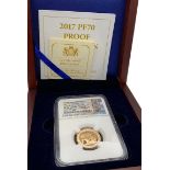 A 2017 PF70 proof full sovereign, one of first 150 struck. Obverse: Queen Elizabeth 2nd (Jody