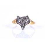 A gold, silver and old-cut diamond fox ring, in the form of a fox's head, inset with old round-cut
