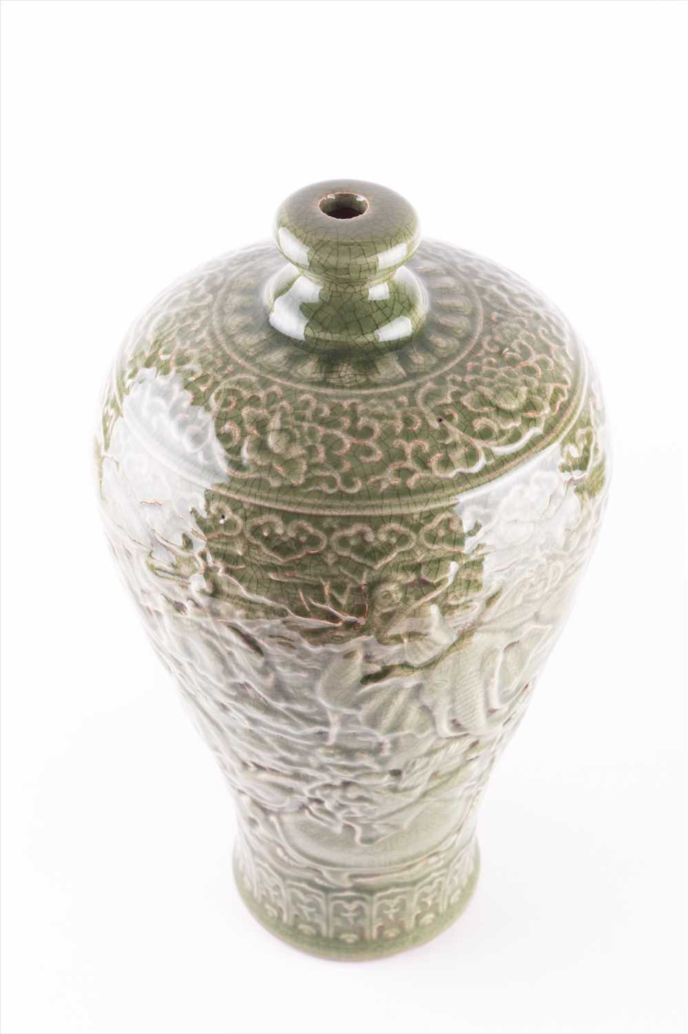 A late Qing dynasty Chinese Meiping vase, designed with raised Longquan style celadon with a - Image 5 of 5