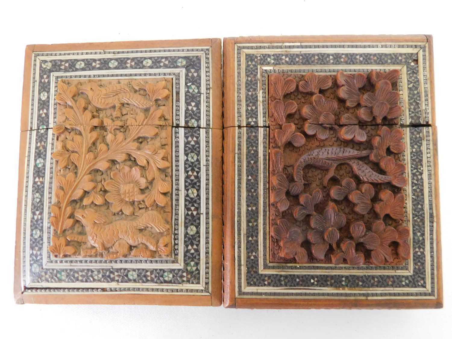Two 19th century Indian carved sandal wood and sadeli card cases, each central panel carved in - Image 5 of 5