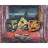 Attributed to Emmanuel Levy (1900–1986) British, depicting a three masks and a hand on a table