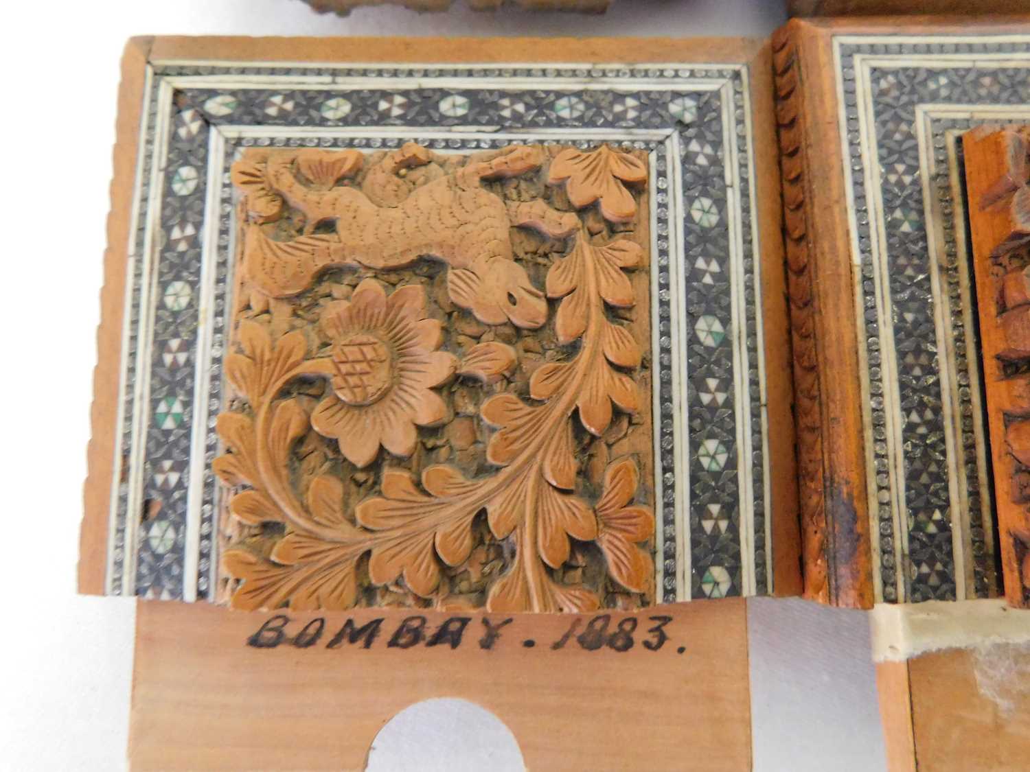 Two 19th century Indian carved sandal wood and sadeli card cases, each central panel carved in - Image 2 of 5