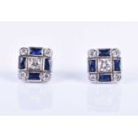 A pair of diamond and sapphire earrings, of square form, inset with round brilliant-cut diamonds
