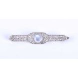 An early to mid 20th century diamond and moonstone bar brooch, the angular rectangular mount inset