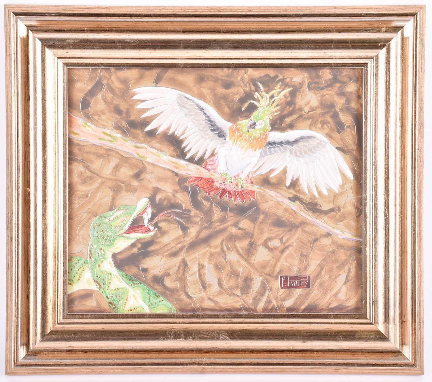 Pierre Raffy (born 1919) French, a snake trying to catch a bird on a branch, mixed media, signed and