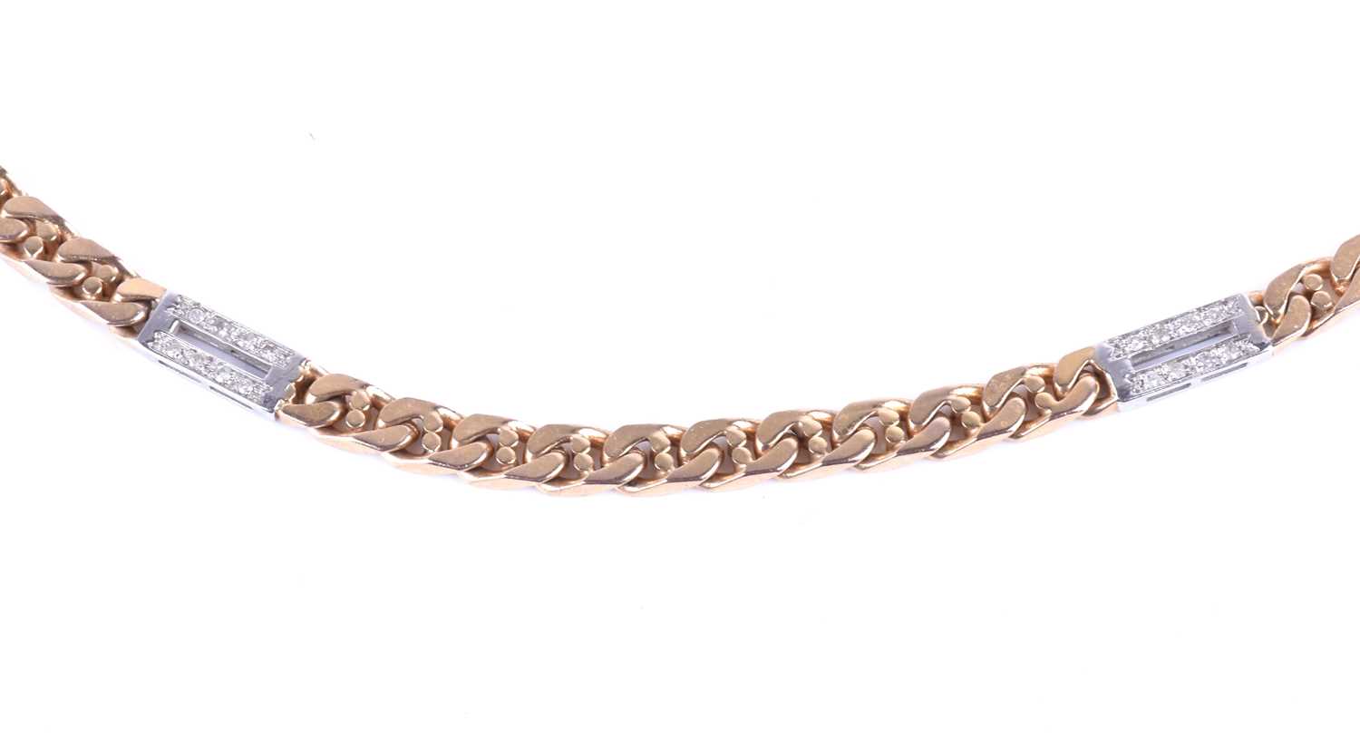 A 9ct yellow gold and diamond necklace, of flattened curb-links, interspersed with rectangular - Image 7 of 7