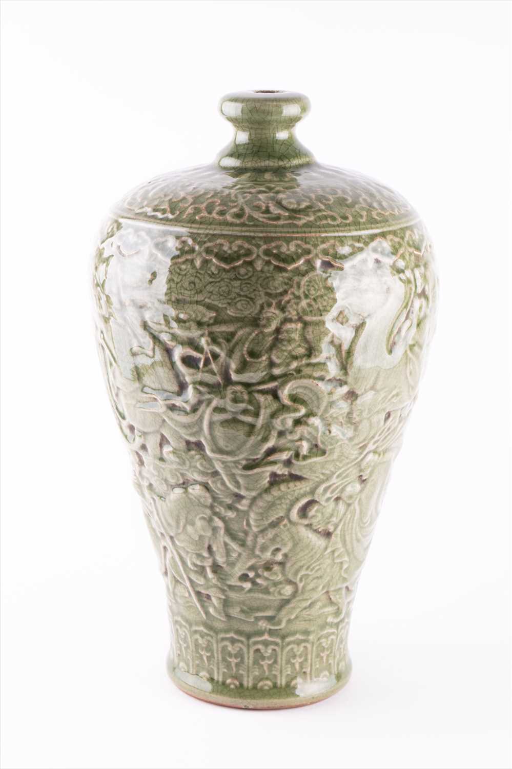 A late Qing dynasty Chinese Meiping vase, designed with raised Longquan style celadon with a - Image 2 of 5