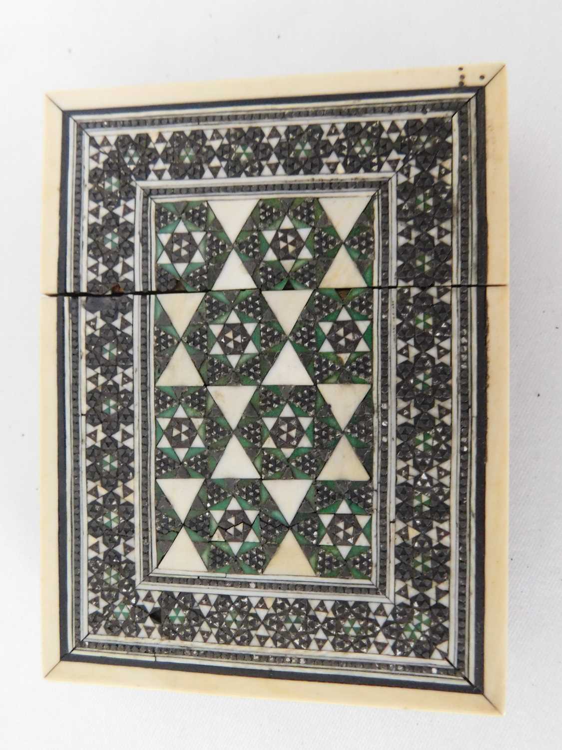 A Victorian sadeli and sandalwood card case, decorated throughout with geometric inlaid pattern - Image 2 of 4