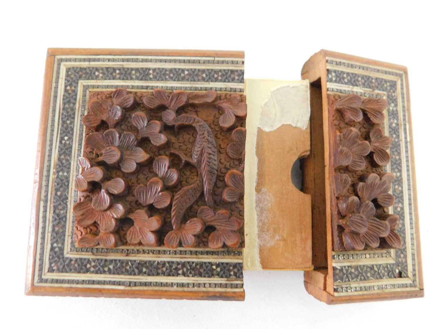 Two 19th century Indian carved sandal wood and sadeli card cases, each central panel carved in - Image 3 of 5