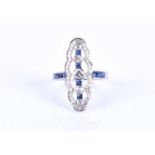 An unusual diamond and sapphire ring, in the Art Deco ring, the elongated openwork mount inset