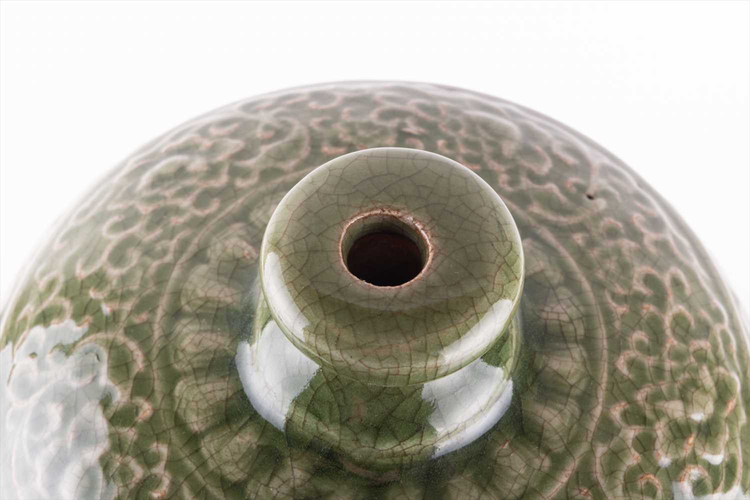 A late Qing dynasty Chinese Meiping vase, designed with raised Longquan style celadon with a - Image 4 of 5