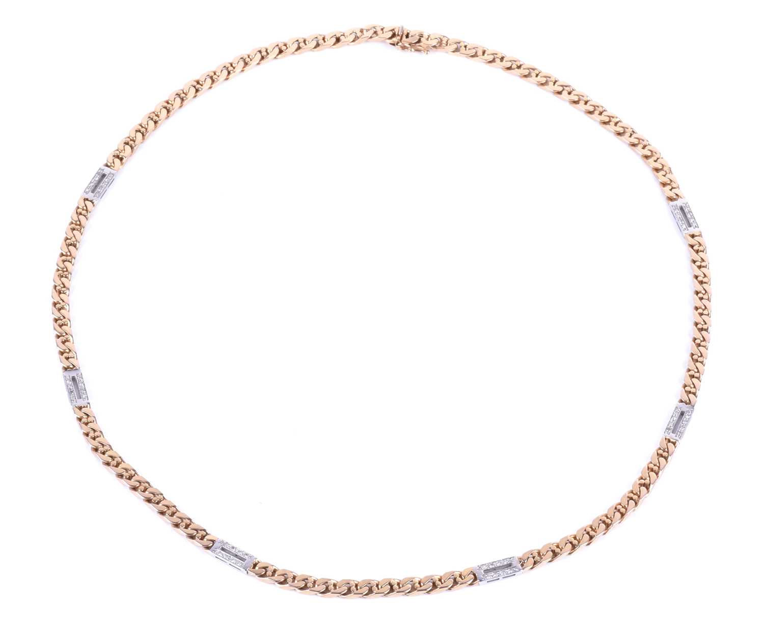 A 9ct yellow gold and diamond necklace, of flattened curb-links, interspersed with rectangular - Image 2 of 7