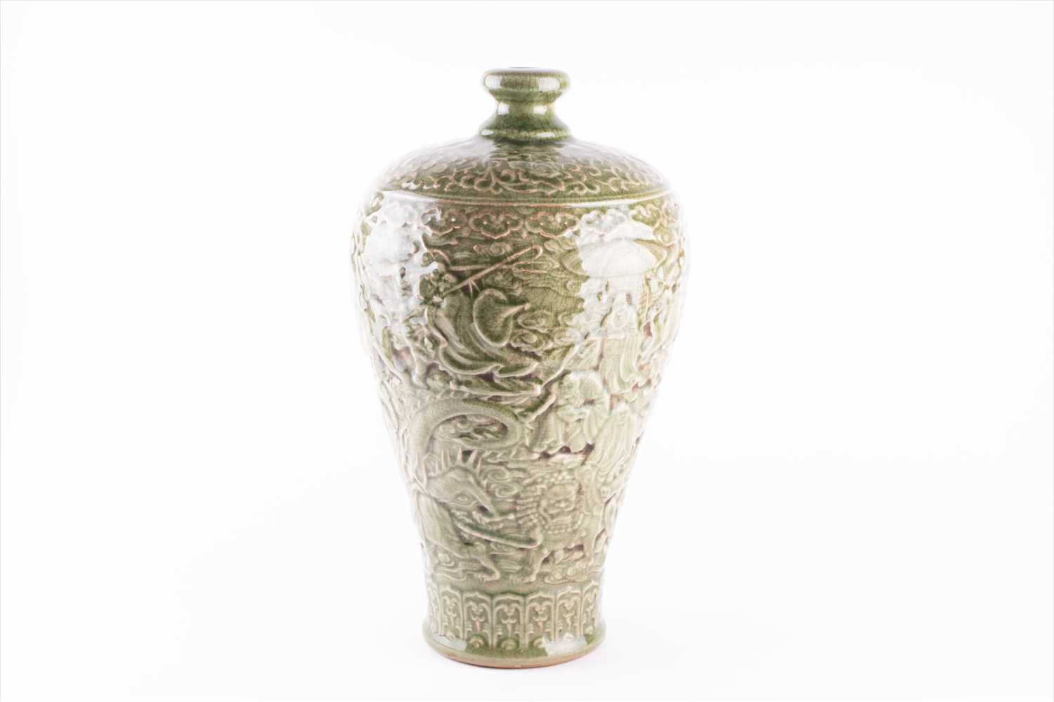 A late Qing dynasty Chinese Meiping vase, designed with raised Longquan style celadon with a