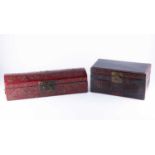 A 20th century Chinese lacquer and bamboo box, with painted red flowers, 31 cm wide, together with a
