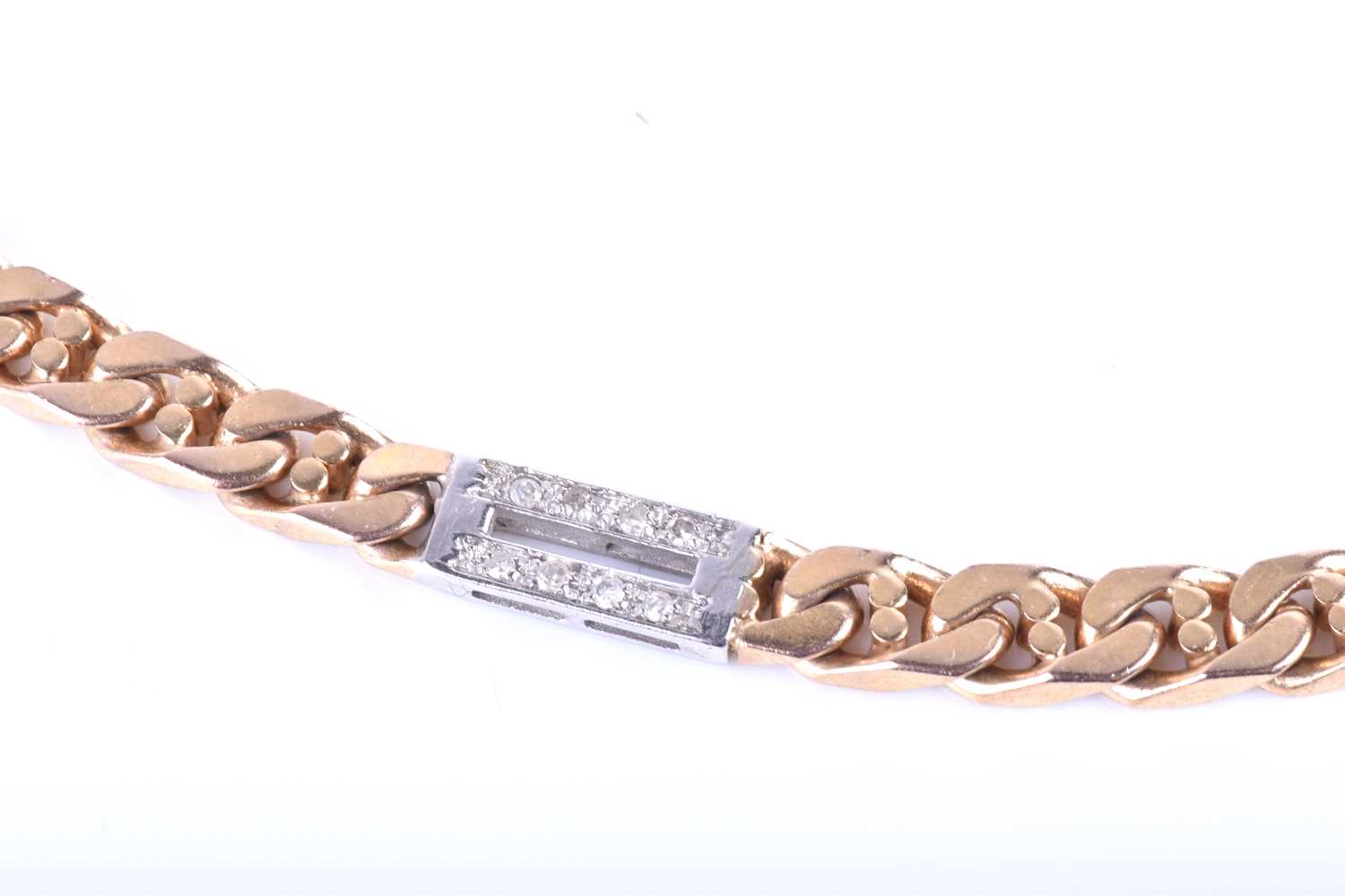 A 9ct yellow gold and diamond necklace, of flattened curb-links, interspersed with rectangular - Image 3 of 7