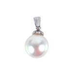 A diamond and pearl pendant, the white cultured pearl with a diamond-set suspension mount and