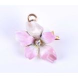 A yellow metal, enamel and diamond floral pendant / brooch, the petals in white and pink matte