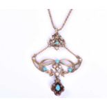 A yellow metal, pearl and turquoise pendant, in the Edwardian taste, the openwork mount set with