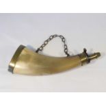 A 19th century horn and bass powder flask, the nozzle with milled decoration to the lower rim, the