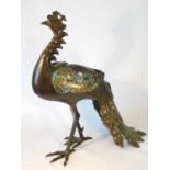 A Chinese bronze and champleve enamel Phoenix incense burner, late Qing, the wings and tail feathers