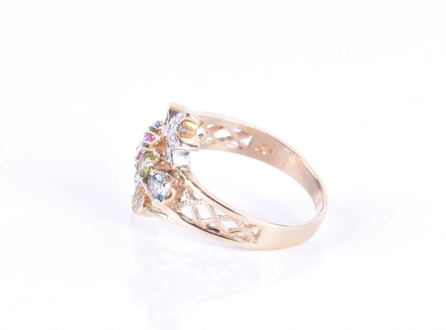 A 9ct yellow gold, diamond and multi-coloured gemstone ringthe crossover mount set with blue, green, - Image 3 of 4