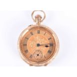 An 18ct yellow gold cased pocket watchwith gold coloured satinised dial, Roman numerals, case with
