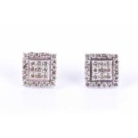 A pair of white gold and diamond earringsof squared form, inset with round brilliant-cut diamonds,