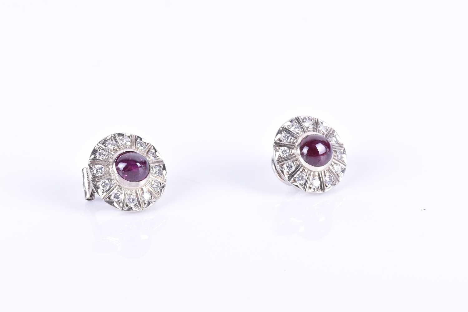 A pair of early to mid 20th century Continental ruby and diamond earringseach centred with a - Image 2 of 3