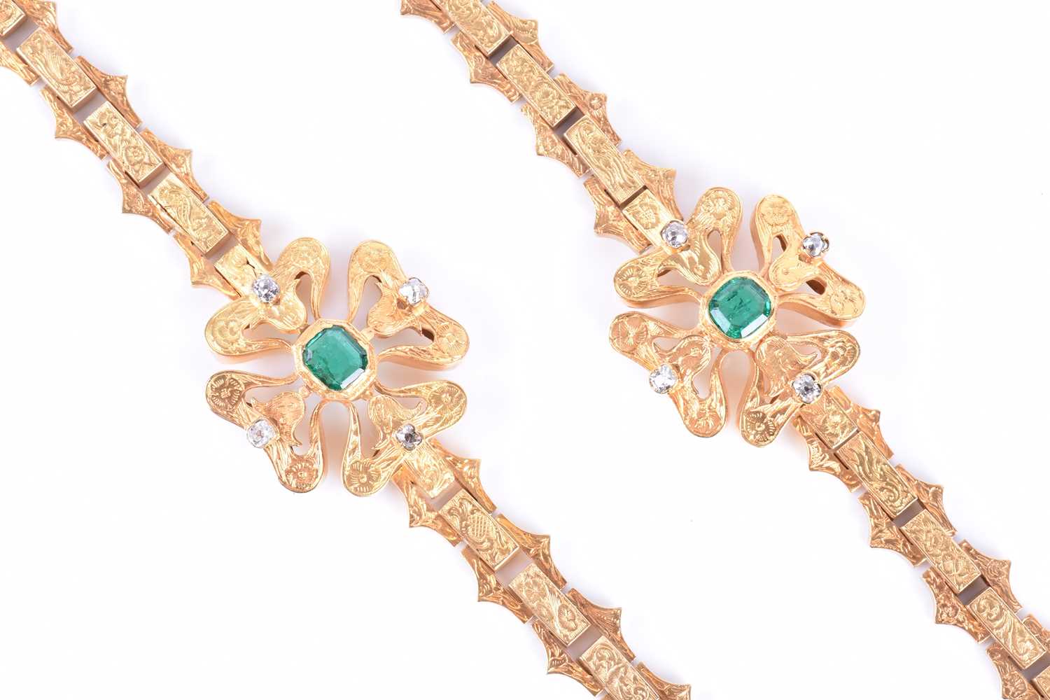 A fine pair of mid to late Victorian yellow gold, diamond, and emerald braceletseach with a - Image 2 of 7